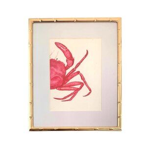 Painting Pink Crab Original Watercolor in Bamboo Gold Frame Costal Decor